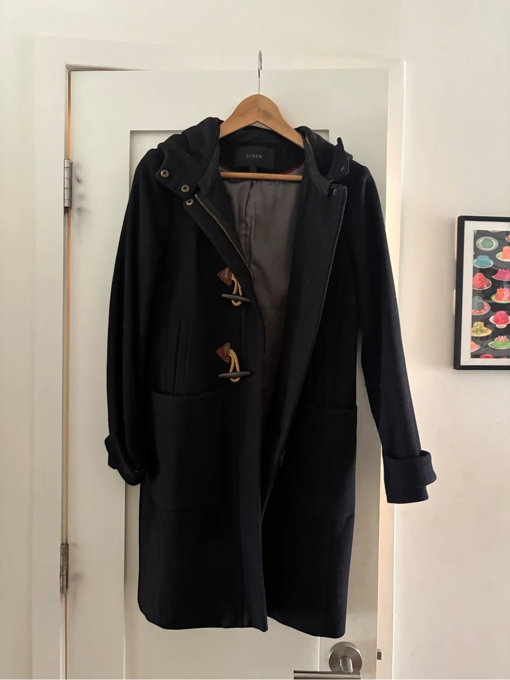 J. Crew Dark Navy Hooded Wool Duffle Coat with Leather Trim - Picture 3 of 3